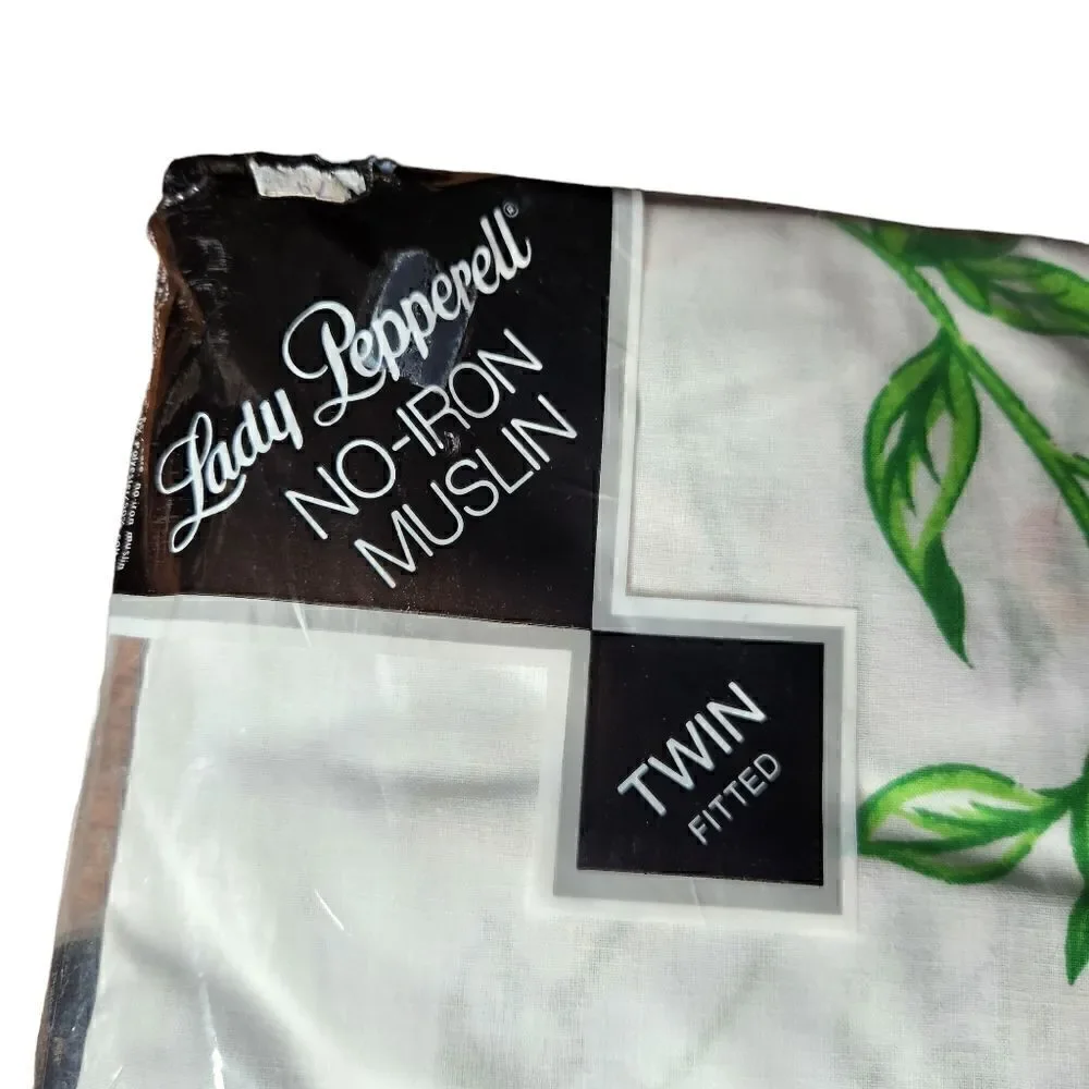 Vintage Lady Pepperell Twin Fitted Bed Sheet White Floral No Iron Muslin NEW